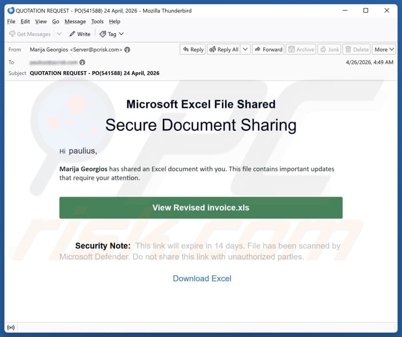 Shared Excel Sheet Email Scam example 2
