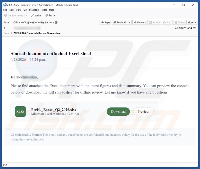 Shared Excel Sheet email spam campaign