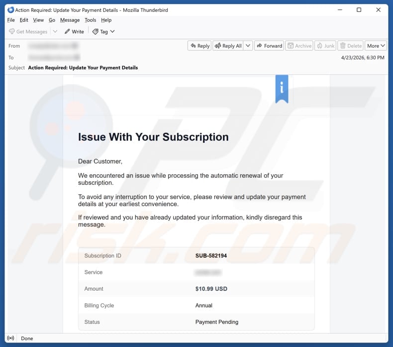 Wix Subscription Renewal email spam campaign