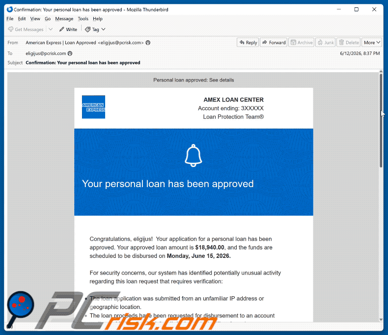 American Express - Personal Loan Approved email scam (GIF)