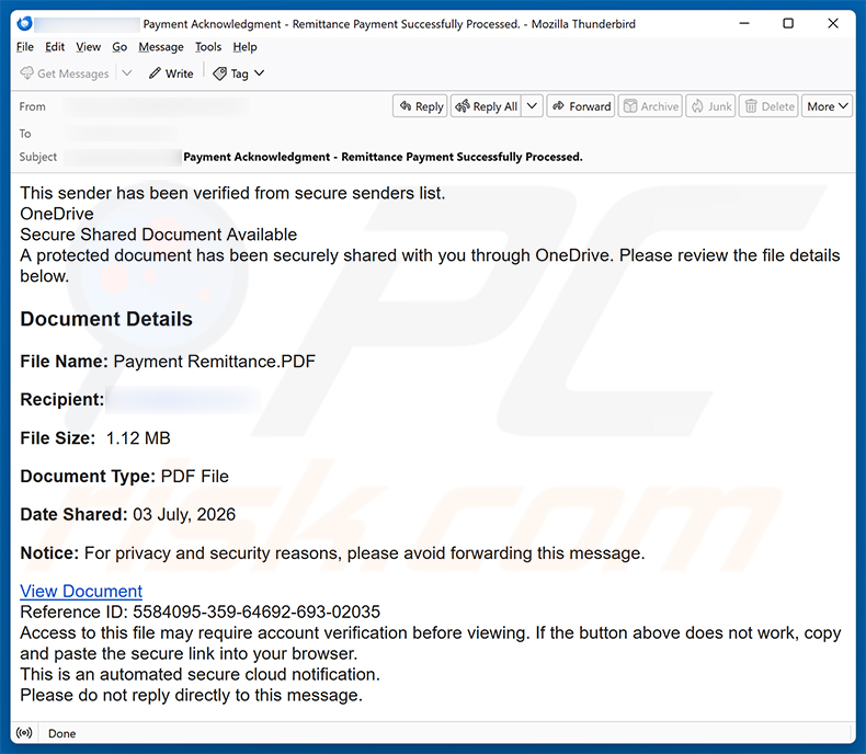 OneDrive - A Secured File Has Been Shared scam email (2026-07-08)