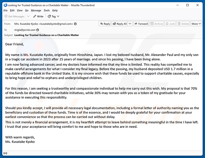Donation To Charity Through You Email Scam (2026-09-08)