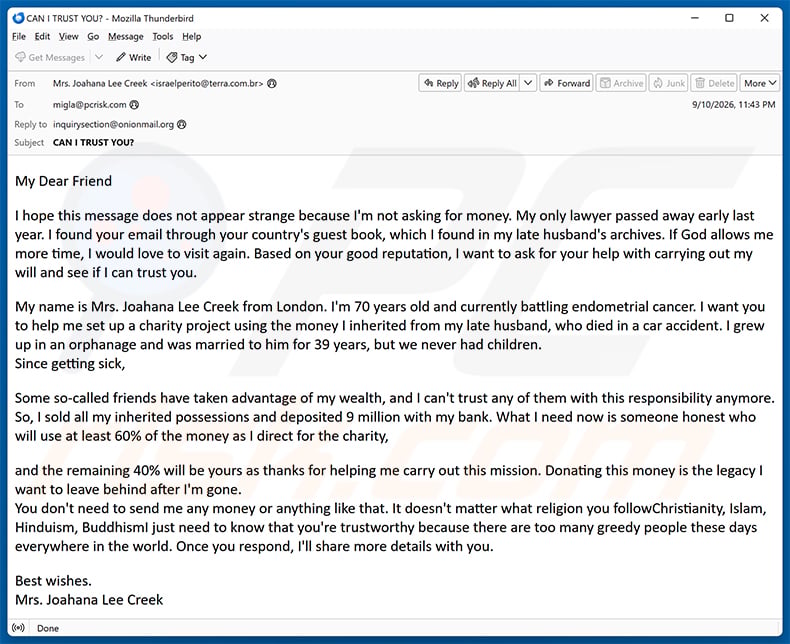 Donation To Charity Through You Email Scam (2026-09-11)