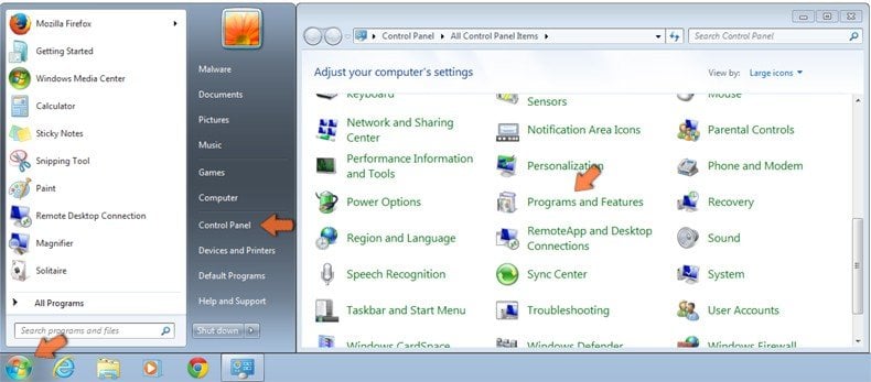  Acceso a programas y características (desinstalación) en Windows 7
