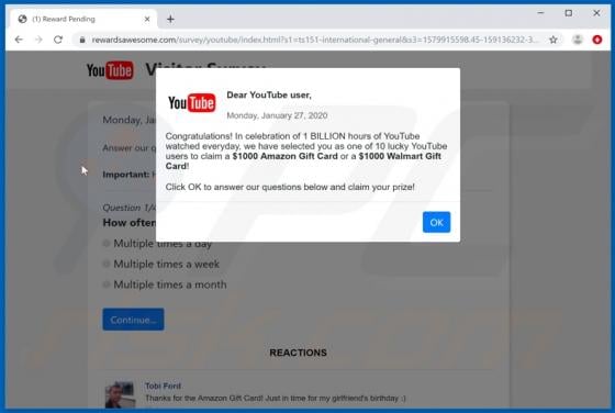 Dear YouTube user, Congratulations! POP-UP Scam