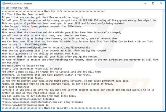 Hack For Life Ransomware