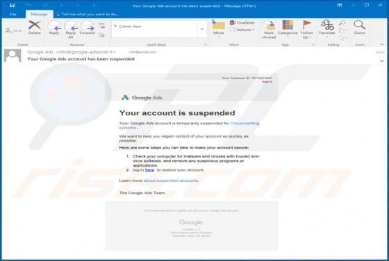 Your Google Ads Account Has Been Suspended Email Scam