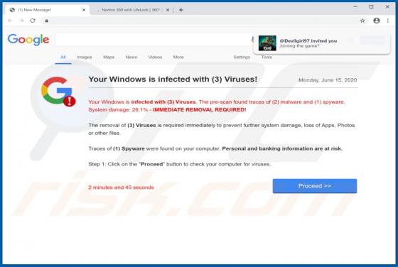 Your Windows Is infected With (3) Viruses! POP-UP Scam
