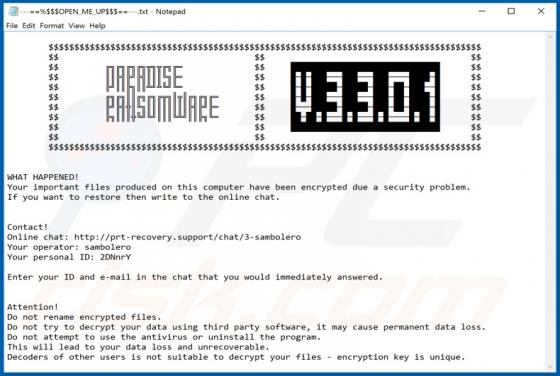 Paradise 4.3.3.0.1 Ransomware