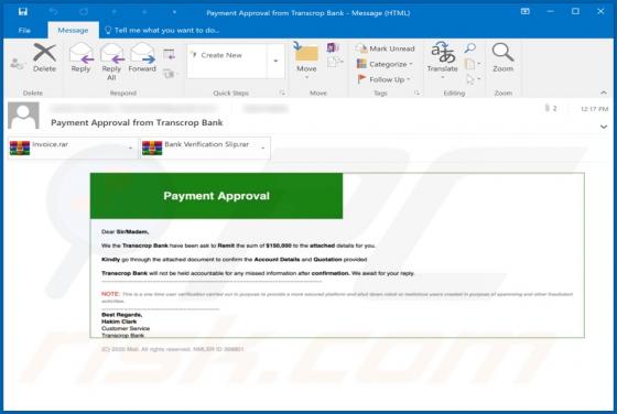 Transcrop Bank Email Virus