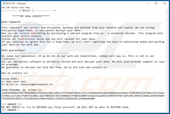 VASA LOCKER Ransomware