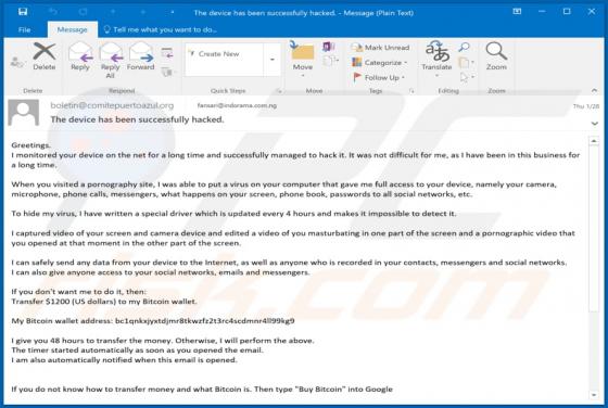 I Monitored Your Device On The Net For A Long Time Email Scam