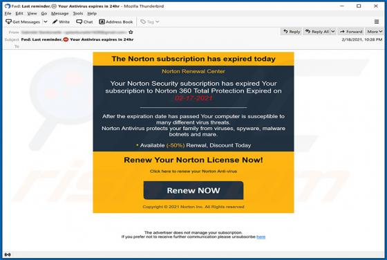 Norton Subscription Has Expired Email Scam
