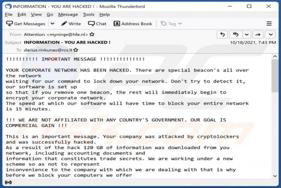 YOUR CORPORATE NETWORK HAS BEEN HACKED Email Scam