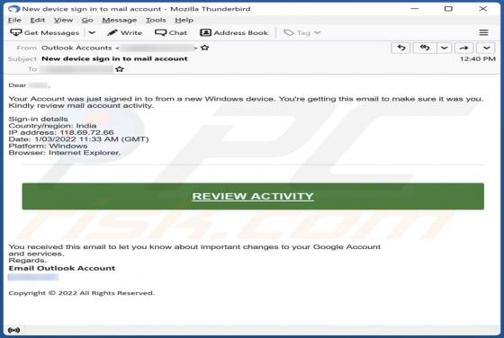 Signed In To From A New Windows Device Email Scam