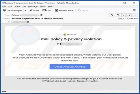 Email policy & privacy violation Email Scam