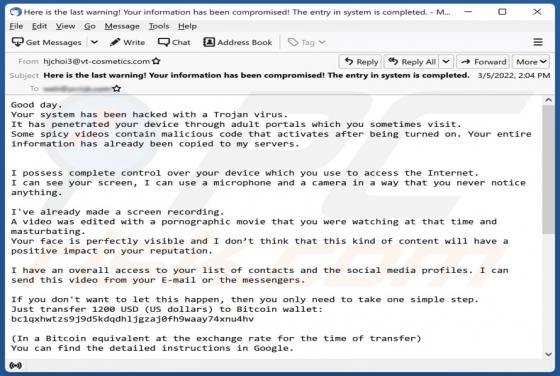Your System Has Been Hacked With A Trojan Virus Email Scam