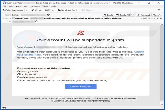Your Account Will Be Suspended In 48hrs Email Scam