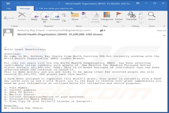 World Health Organization Beneficiary Email Scam
