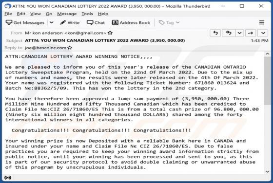 CANADIAN LOTTERY Email Scam