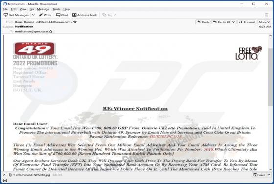 Ontario UK Lottery Email Scam