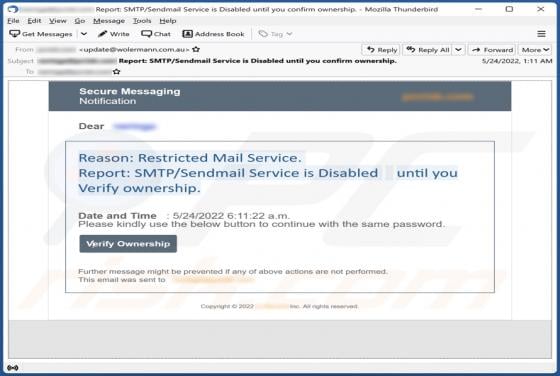 SMTP/Sendmail Service Is Disabled Email Scam