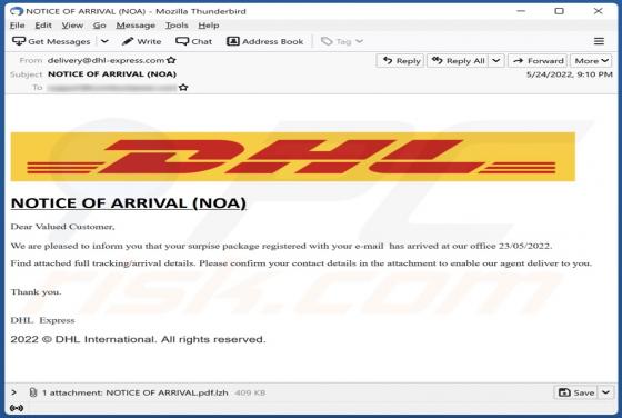 DHL NOTICE OF ARRIVAL Email Virus