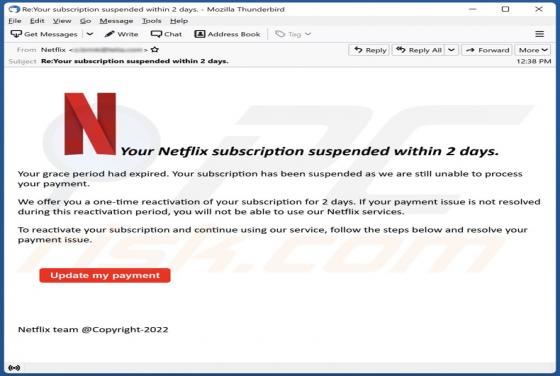 Your Netflix Subscription Suspended Within 2 Days Email Scam