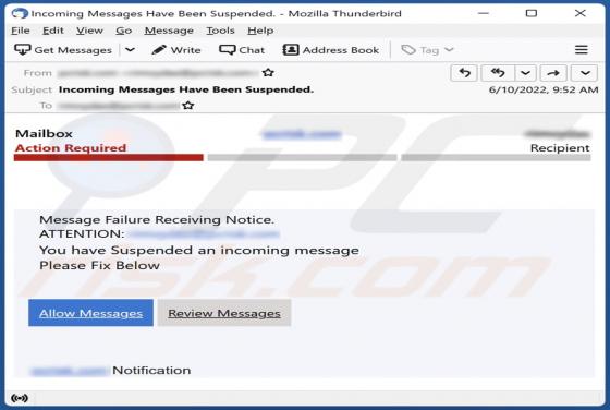 Message Failure Receiving Notice Email Scam