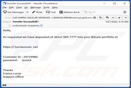 Deposited Into Your Bitcoin Portfolio Email Scam