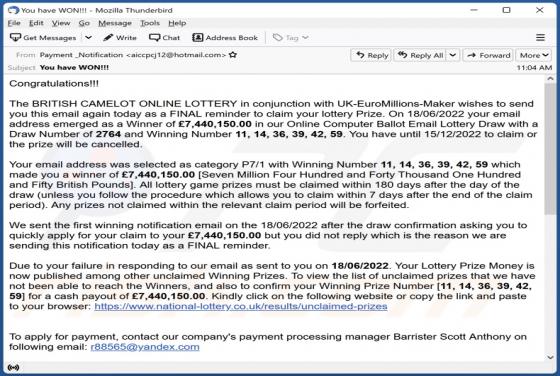 BRITISH CAMELOT ONLINE LOTTERY Email Scam