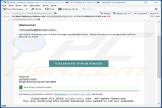E-Mail Storage Bandwidth Limit Email Scam