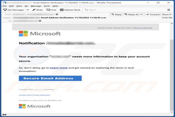Your Organization Needs More Information To Keep Your Account Secure Email Scam