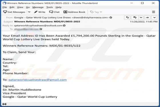Google - Qatar World Cup Lottery Email Scam