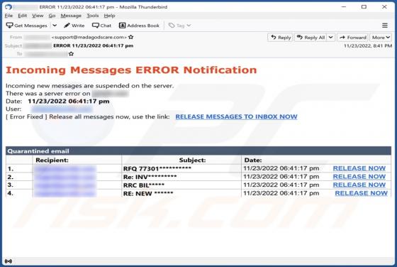 Incoming Messages ERROR Notification Email Scam