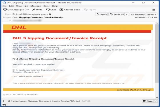 DHL Shipping Document/Invoice Receipt Email Scam