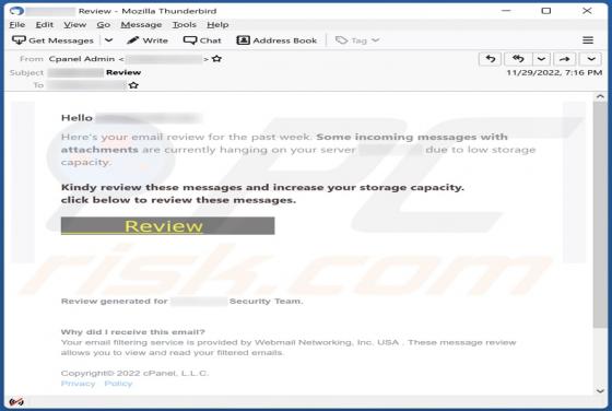Storage Capacity Email Scam