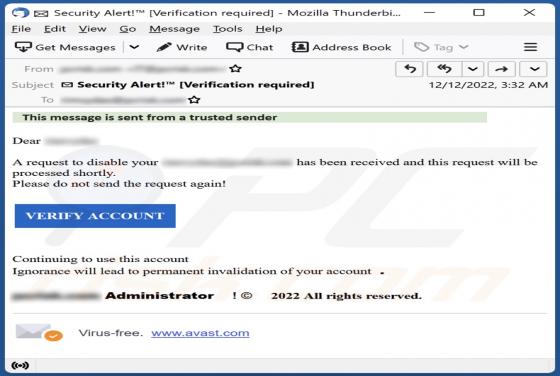 A Request To Disable Your Email Has Been Received Scam