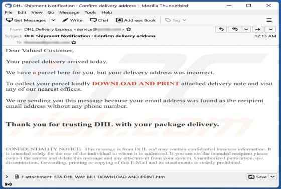 DHL - Your Parcel Delivery Arrived Today Email Scam