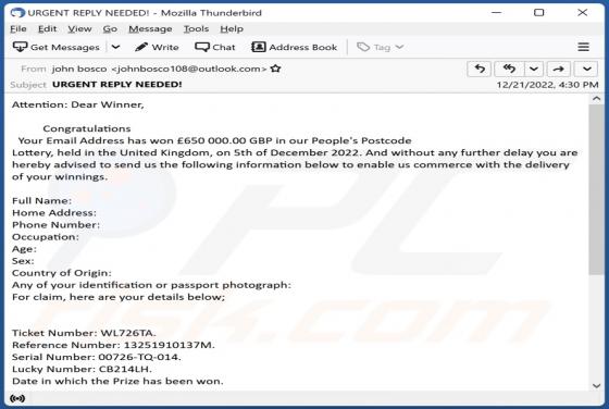 People's Postcode Lottery Email Scam