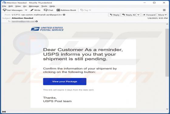 USPS - Shipment Is Still Pending Email Scam