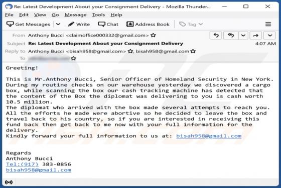 Unsuccessful Cash Box Delivery Email Scam