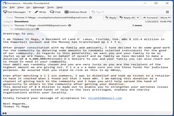 Donation From Lottery Winner Email Scam