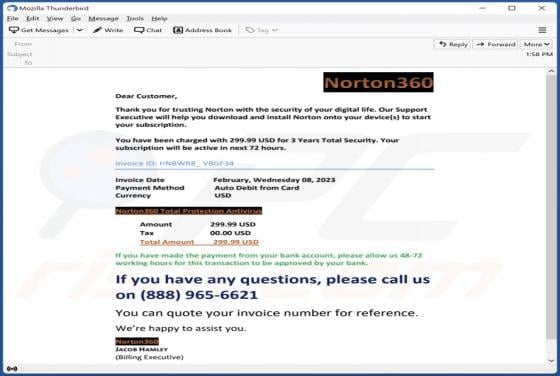 Norton360 Total Protection Subscription Charge Email Scam