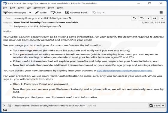 Social Security Account Missing Information Email Scam