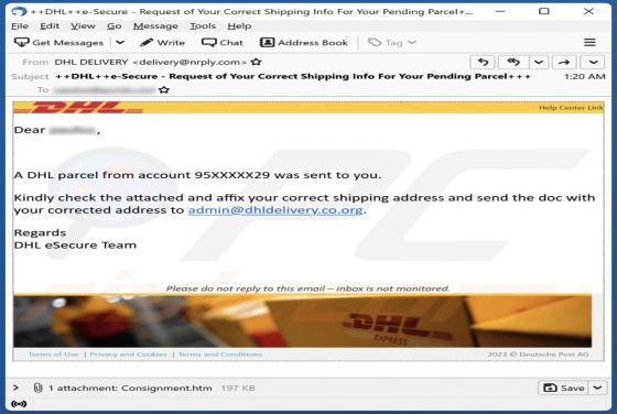 DHL - A Parcel Was Sent To You Email Scam