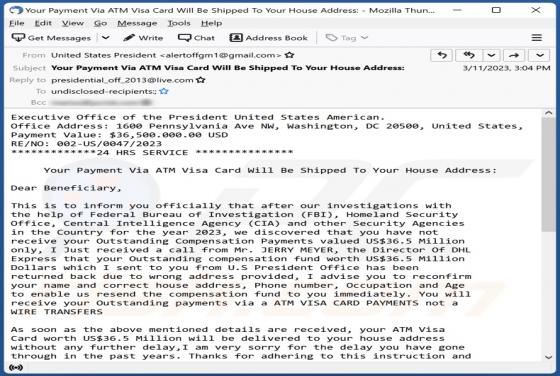 Payment Via ATM Visa Card Will Be Shipped Email Scam