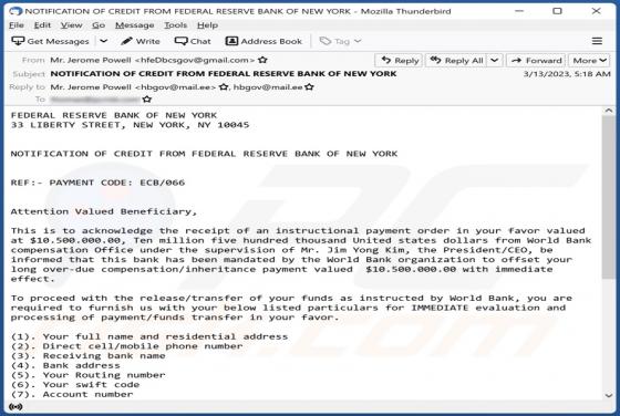 CREDIT FROM FEDERAL RESERVE BANK Email Scam