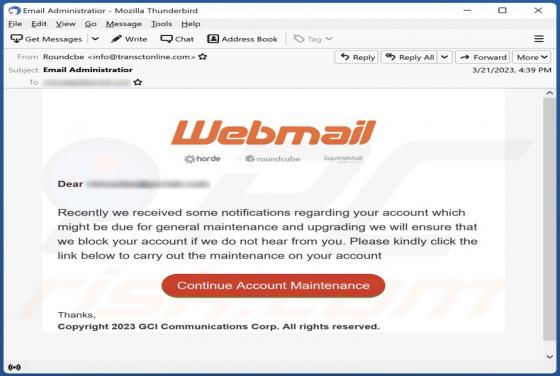 Webmail Account Maintenance Email Scam