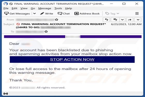 Your Account Has Been Blacklisted Due To Phishing Email Scam
